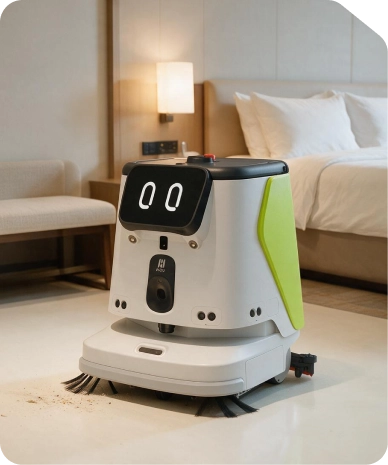 Robô de limpeza em um quarto de hotel