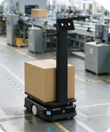 Robô de logística transportando caixa em uma fábrica