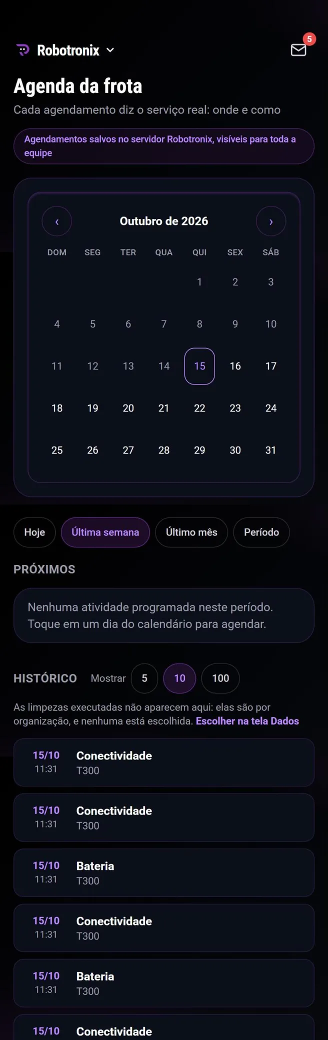 Tela Agenda do App Robotronix