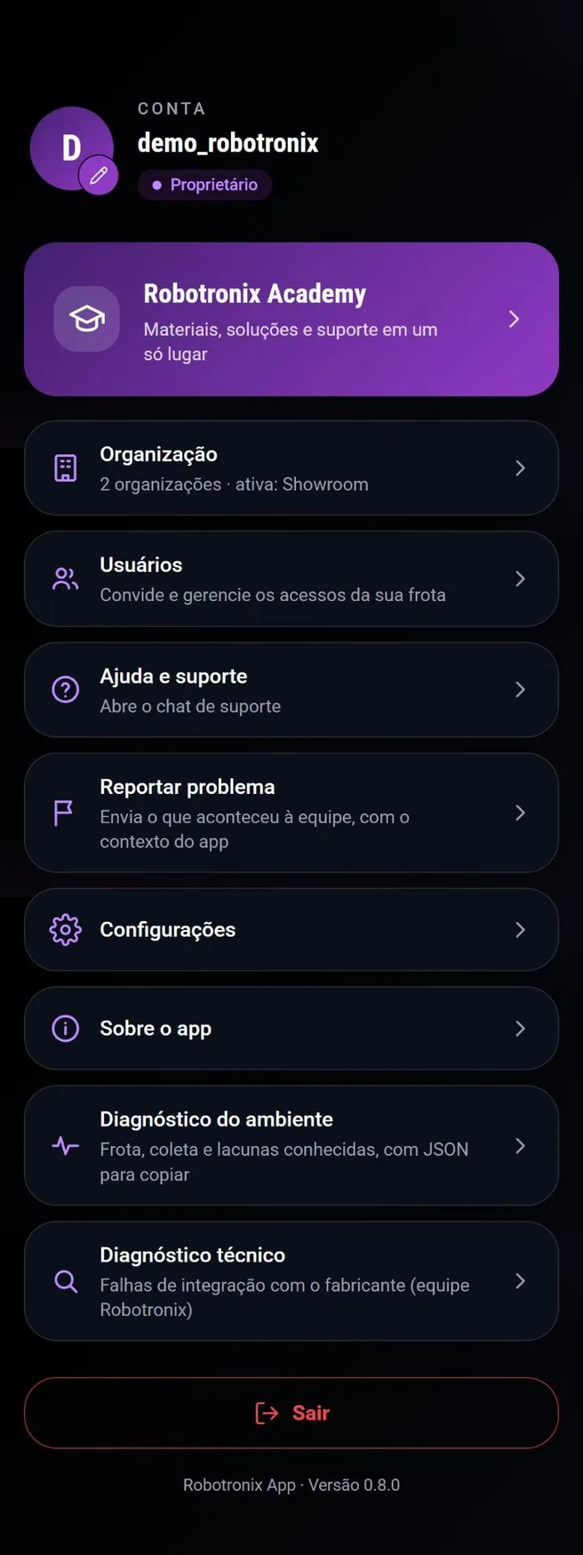 Tela Perfil do App Robotronix