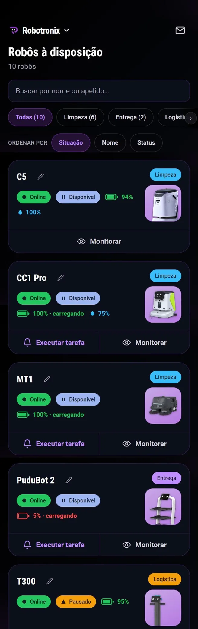 Tela Robôs do App Robotronix