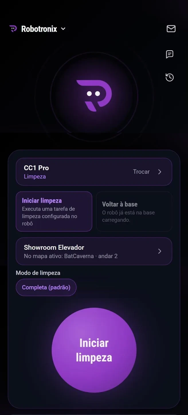Tela Tarefa do robô do App Robotronix